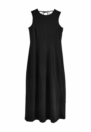 Vestito nero senza maniche in tessuto leggero, con scollo rotondo, dettagli di cuciture sottili e chiusura con fiocco sul retro.