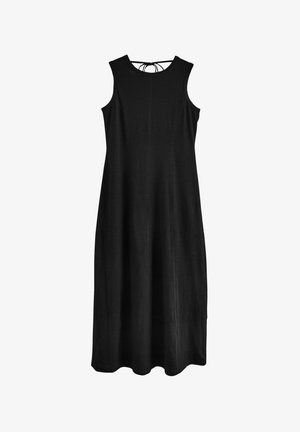 Vestido negro sin mangas hecho de tela ligera, con escote redondo, detalles sutiles de costura y cierre con lazo en la parte trasera.