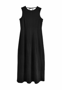 Schwarzes ärmelloses Kleid mit Rundhalsauschnitt, offenen Rücken mit Bindeband, lockerer Passform und einem Saum, der leicht nach oben gebogen ist.