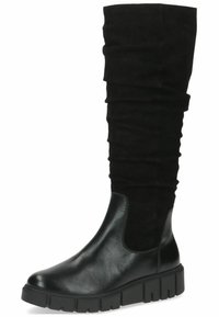 Stivali neri al ginocchio realizzati in pelle liscia e tessuto elastico; presentano una texture arricciata sulla parte superiore e una suola spessa e resistente.