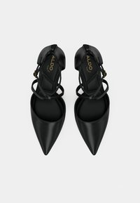 Svarte kvinnelige ballettsko med spiss tå, ankelstropper og glidelås bak, sett ovenfra på hvit bakgrunn.