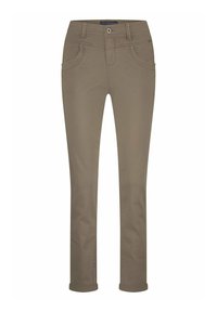 Brown fitted pants made of cotton blend fabric, with a smooth texture, five pockets, and rolled cuffs at the bottom for a tailored look.