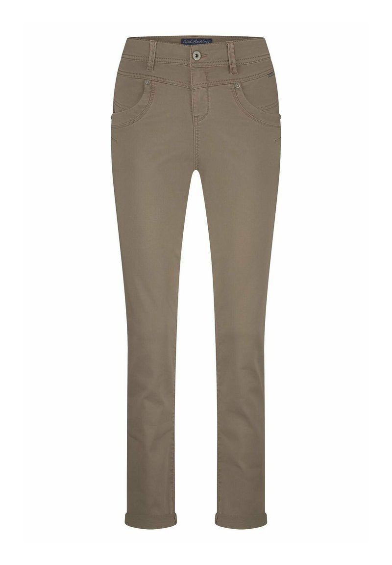 Brown fitted pants made of cotton blend fabric, with a smooth texture, five pockets, and rolled cuffs at the bottom for a tailored look.