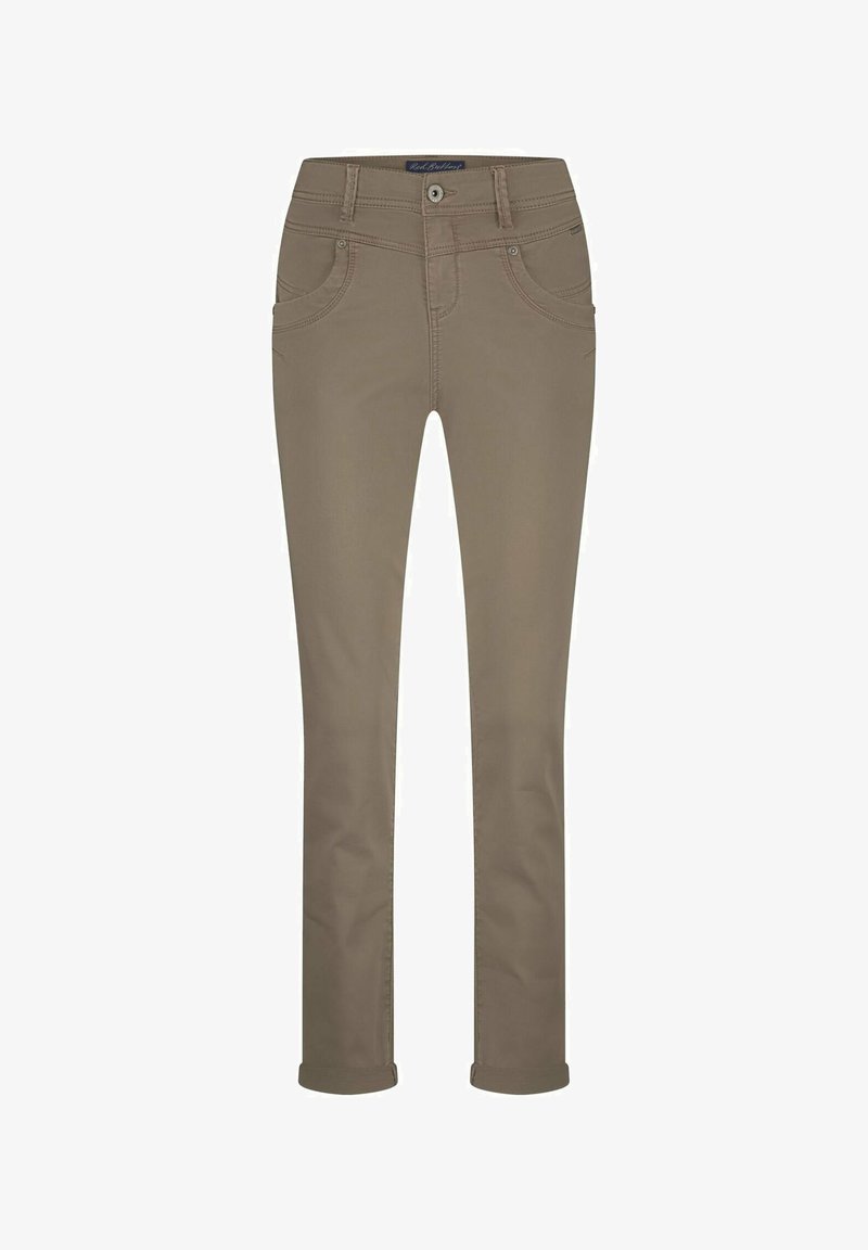 Brown fitted pants made of cotton blend fabric, with a smooth texture, five pockets, and rolled cuffs at the bottom for a tailored look.