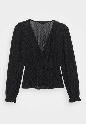 Zwarte blouse met lange mouwen van transparante stof en gestippelde textuur, diepe V-hals, aangesloten taille en licht peplumzoom.