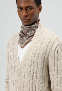 Beige gebreid vest met een kabelpatroon en twee lichte knopen. Gecombineerd met een sjaal van zijde met een paisleyprint in bruine en blauwe tinten.