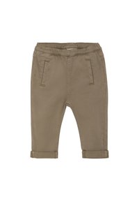 Pantalons stretch kaki avec une taille élastique, deux poches avant et des poignets roulés. Texture lisse et coupe ajustée.