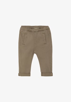 Khaki stretchbroek met een elastische tailleband, twee voorzakken en opgerolde boorden. Glad textuur en een gepersonaliseerde pasvorm.