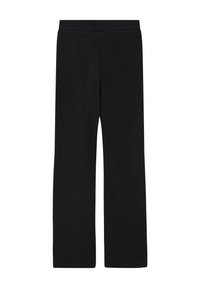 Pantaloni neri a coste con design a gamba dritta, caratterizzati da una cintura liscia e privi di ulteriori motivi o dettagli in metallo.