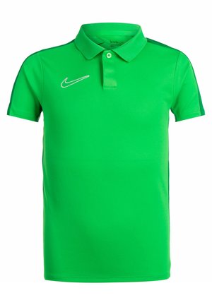 Grünes Polohemd aus strukturiertem Stoff, mit Kragen, kurzen Ärmeln und einem weißen Nike-Logo auf der linken Brust.