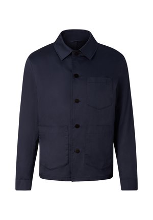 Donkerblauw jack met knopen, een klassieke kraag, lange mouwen, een borstzak en twee lagere steekzakken aan de voorkant.