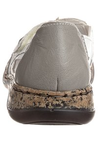 Scarpa in pelle grigia con superficie testurizzata, dotata di una suola in sughero decorata e fondo in gomma nera. La vista posteriore mostra un tacco liscio e dettagli di cucitura.