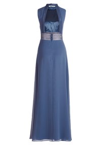 Blaues bodenlanges Kleid mit satiniertem Oberteil und transparenter Rockpartie, ausgestattet mit einem hohen Ausschnitt, aufwendiger Taillenverzierung und figurbetontem Schnitt.