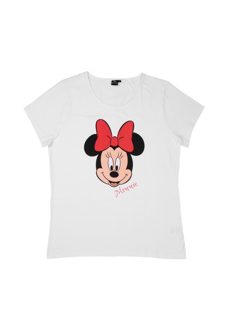 T-shirt bianco a maniche corte con una grafica di Minnie Mouse in nero e rosso, caratterizzata da un grande fiocco rosso e il testo "Minnie" in corsivo sottostante.