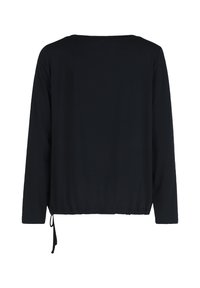 Langärmliges schwarzes Oberteil aus weichem Stoff, mit Rundhalsausschnitt und einem verstellbaren Kordelzug am Saum für eine anpassbare Passform.