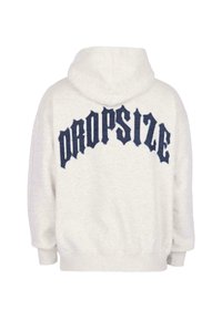 Světle šedá mikina s kapucí a nápisem "PROP SIZE" v námořnické modři zakřiveným písmem na zádech, vyvedeným tučně a texturovaně.