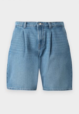 Light blue denim shorts with front pleats, a button closure, and classic stitching. The fabric has a smooth texture and straight cut.