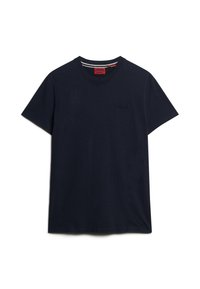 Mørkeblå kortærmet crew neck t-shirt med diskret broderet logo på venstre bryst og stribet detalje på indersiden af kraven.