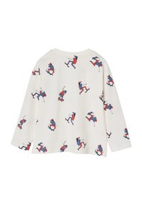 Langärmliges weißes Hemd mit cartoonhaften Skateboard-Motiven in Rot und Blau, das mehrere Figuren in verschiedenen Skate-Posen zeigt.