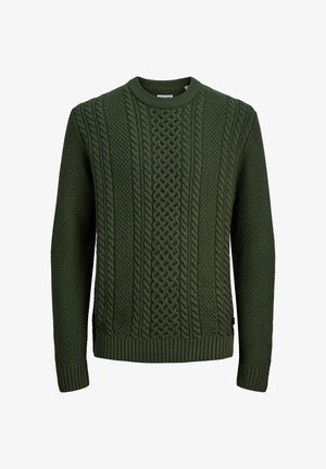 Maglione lavorato a maglia di colore verde scuro con motivi a treccia e lavorazione a punto texturizzato, dotato di polsini a costine, orlo e scollatura rotonda.