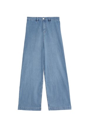 Světle modré široké kalhoty vyrobené z denimu. Mají vysoký pas, zapínání na knoflík vpředu a rovné nohavice s čistým lemem.