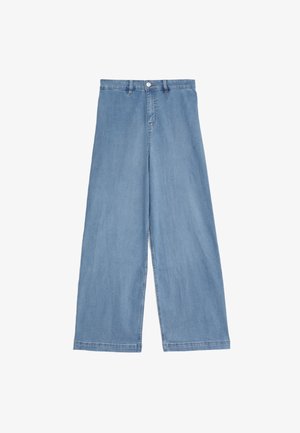 Lichtblauwe wijde denimjeans. Met een hoge taille, voorknopsluiting en recht gesneden benen met een schone zoom.