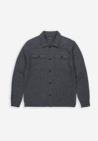 Charcoal-graue Wollhemdjacke mit Kragen, zwei Brusttaschen und schwarzen Knopfverschlüssen. Glatte Textur und lässiges Design.