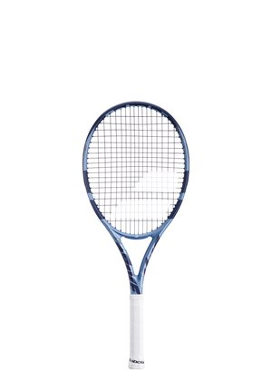 Tenniskølle med en blå ramme, oval hoved og hvidt greb. Har et gitter af strenge og et elegant design med subtile farveaccenter.
