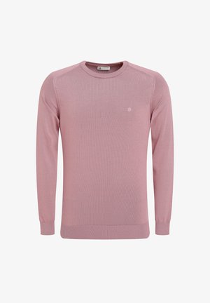 Pink knitted sweater with long sleeves, crew neck, ribbed cuffs and hem, featuring a subtle logo on the chest. Soft texture, lightweight design.
