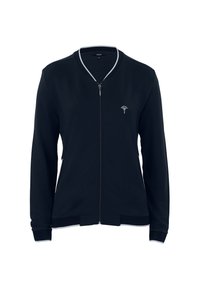 Chaqueta azul marino con cremallera, puños y dobladillo acanalados, con un sutil contorno blanco en el cuello y un pequeño logo bordado en el pecho.