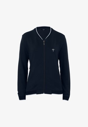 Giacca blu navy con zip, polsini e orlo a coste, con un sottile contorno bianco sul colletto e un piccolo logo ricamato sul petto.