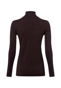 Ciemnobrązowy sweter z golfem, wykonany z gładkiego, elastycznego materiału. Posiada długie rękawy i dopasowany krój, z wysokim kołnierzem przy szyi.