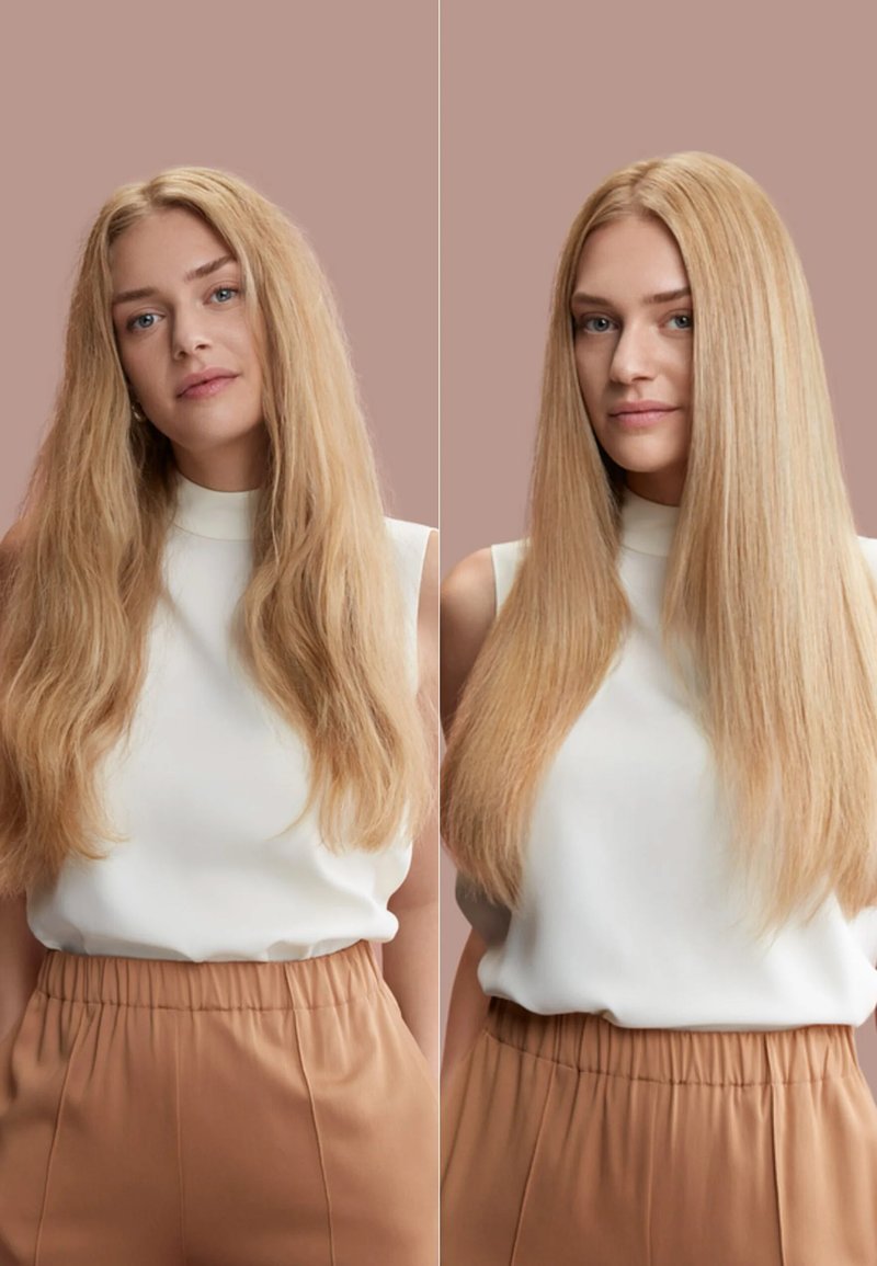 Two side-by-side portraits of a person with long, light blonde hair. Left side: wavy texture. Right side: straight texture. Both wear a white top and tan pants.