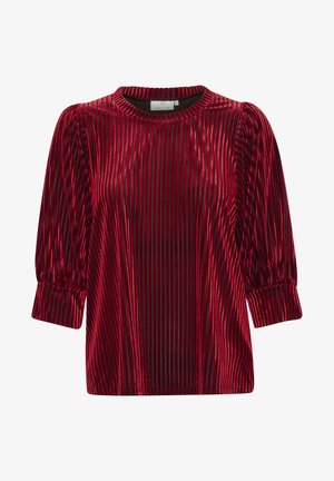 Red velvet top with vertical stripes, round neckline, and puffed sleeves. Soft texture and elegant sheen, featuring gathered detailing at sleeves.