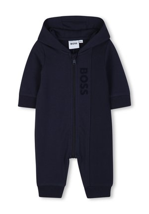 Body bébé bleu marine avec capuche, fermeture éclair devant, manches longues et logo BOSS imprimé verticalement sur la poitrine.