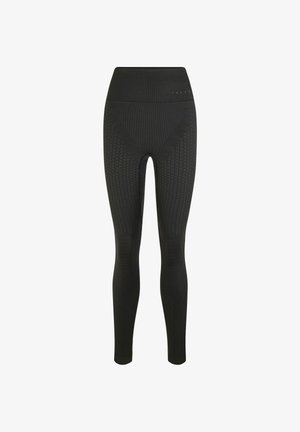 Zwarte naadloze leggings met hoge taille en een gestructureerd breipatroon op dijen en kuiten, ontworpen voor een strakke, flexibele pasvorm.