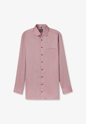 Langärmliges, knöpfbares Herrenhemd in Hellrot mit feinem strukturiertem Muster, Brusttasche auf der linken Seite und spitzem Kragen.