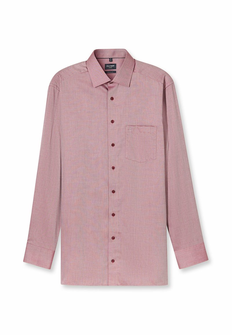 Langärmliges, knöpfbares Herrenhemd in Hellrot mit feinem strukturiertem Muster, Brusttasche auf der linken Seite und spitzem Kragen.