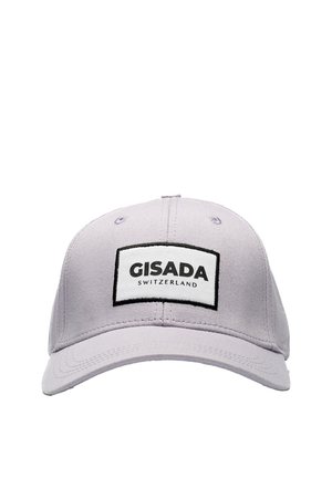 Hellgraue Baseballkappe mit einem weißen rechteckigen Patch, der vorne ""GISADA SWITZERLAND"" in schwarzem Text zeigt.