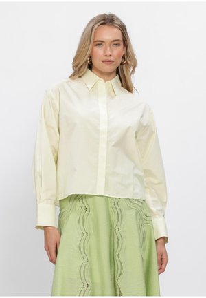 Vrouw draagt een lichtgeel overhemd met lange mouwen en een groene rok met golvende kanten patronen, staand tegen een effen achtergrond.