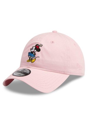 Pink cotton baseball cap featuring an embroidered Minnie Mouse design, adjustable strap, and curved visor.