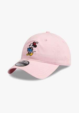 Pink cotton baseball cap featuring an embroidered Minnie Mouse design, adjustable strap, and curved visor.