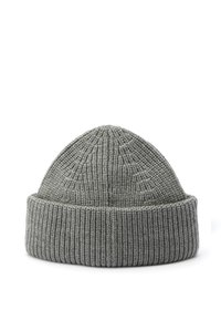 Bonnet en tricot gris avec un bord rabattu à côtes et un motif texturé sur la couronne, présentant un sommet effilé.