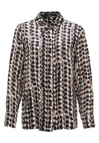 Langärmlige Bluse mit durchgehender Knopfleiste, im gepunkteten Muster in Schwarz, Weiß und Beige. Aus glattem Stoff gefertigt, mit einem kragenlosen Ausschnitt.
