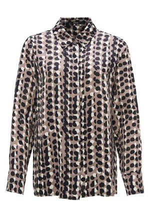 Langarm blouson met een knoopsluiting aan de voorkant, met een stippenpatroon in zwart, wit en beige. Gemaakt van gladde stof, met een kraag.