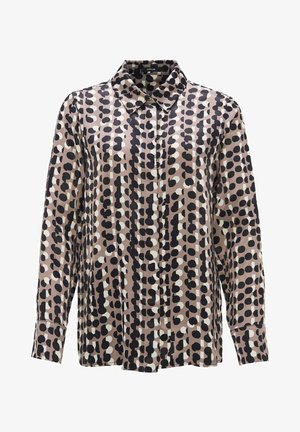 Langarm blouson met een knoopsluiting aan de voorkant, met een stippenpatroon in zwart, wit en beige. Gemaakt van gladde stof, met een kraag.