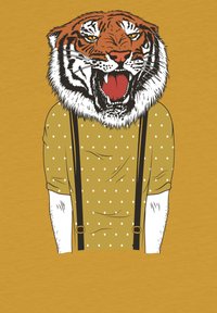 Grafisches T-Shirt mit einem Tigerkopf und einem gelben Polka-Dot-Hemd, dazu schwarze Hosenträger. Der Hintergrund ist in einem einfarbigen Senfgelb.