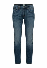 Jean slim fit en denim bleu à lavage moyen. Caractéristiques : cinq poches, légère décoloration et coutures contrastées. Jambe droite avec ourlets.
