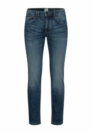 Slim fit blauwe jeans in middelmatige wassingen denim. Kenmerkt vijf zakken, lichte vervaging en contrasterende stiksels. Rechte pijpen met omgezoomde cuffs.
