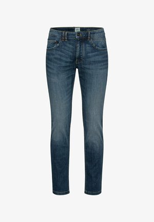Slim fit blue jeans in medium wash denim. Features five pockets, slight fading, and contrast stitching. Straight leg with hemmed cuffs.